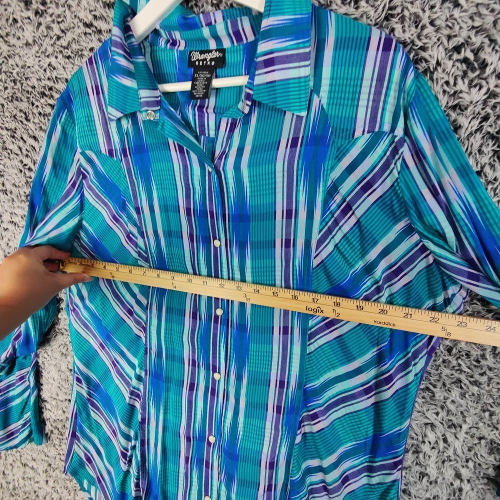 Wrangler Retro Womens Cowgirl Vibrant Western Bell Sleeve Shirt XL Ikat Plaid - Picture 2 of 10